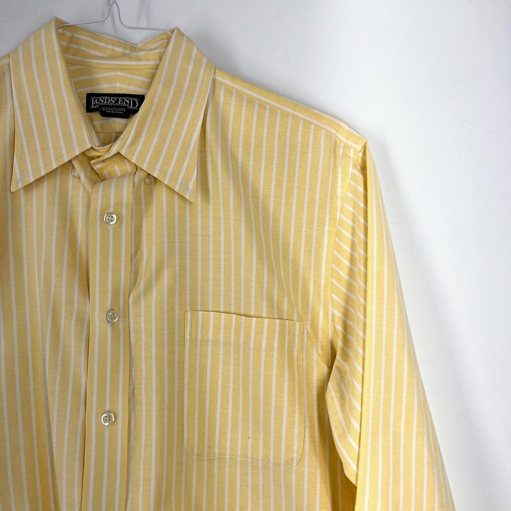 Lands End Mens Yellow White Striped Button Down Oxford Shirt Long Sleeve Cotton - Picture 5 of 13